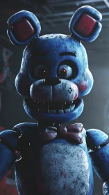 Grinning blue animatronic bunny under eerie arcade glow.