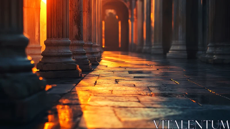 Golden hour light drapes across classical stone colonnade