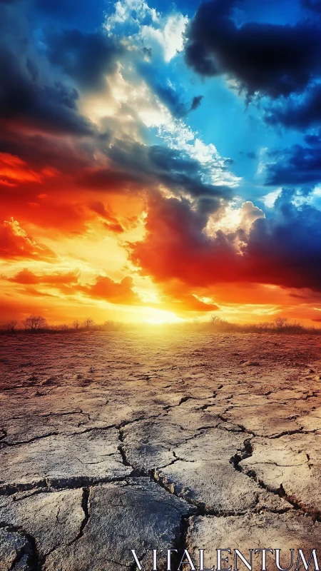 Photorealistic cracked desert under dramatic dual-tone sky.