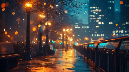 Rain-soaked riverside walkway under sodium lamps and bokeh glare