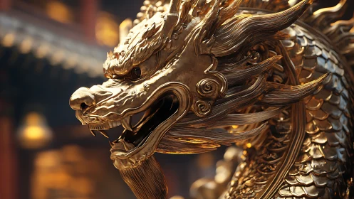 Rendered golden dragon head sculpture shows detailed surface relief