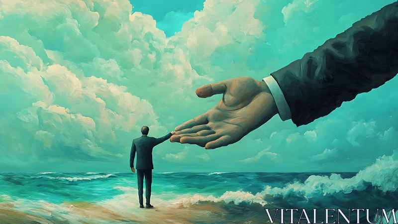 Surreal mentorship gesture over teal ocean shoreline.