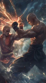 Kinetic clash of martial artists in elemental energy burst.
