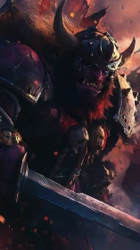 Battle-scarred horned warrior strides through a blazing siege