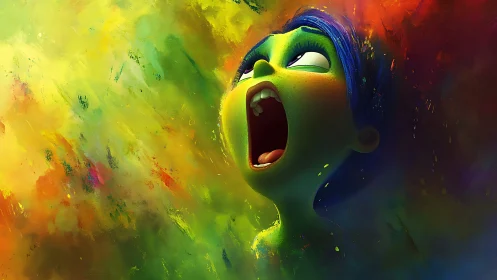 Vivid digital portrait of shouting character in neon storm.