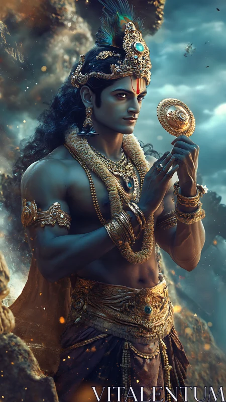 Digital mythic figure holding ornate disc in rocky landscape.