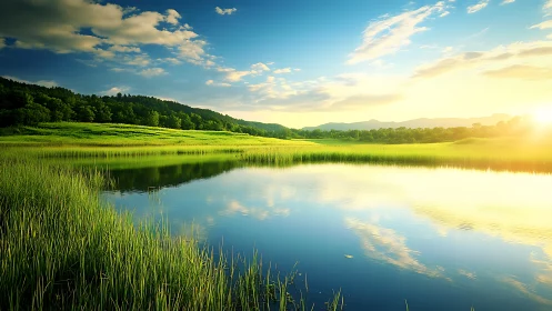 Gentle sunrise glows over a calm reflective country lake
