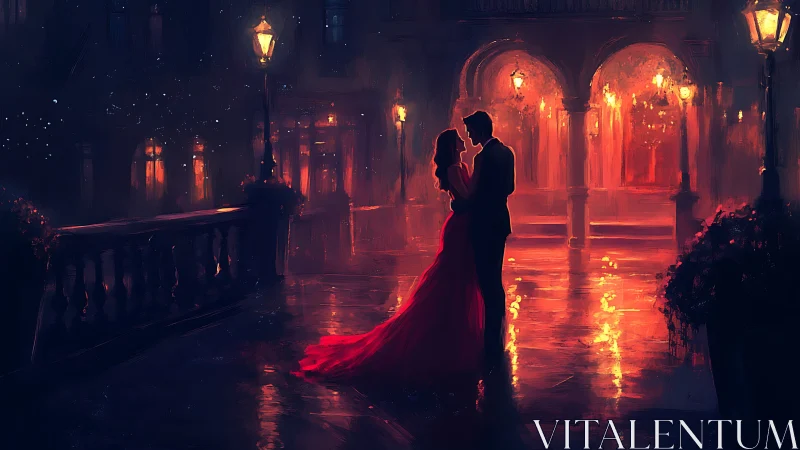 Figures in Architectural Courtyard with Luminous Amber Lighting.