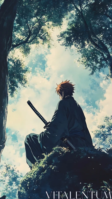 Anime samurai study under forest canopy in vertical composition.
