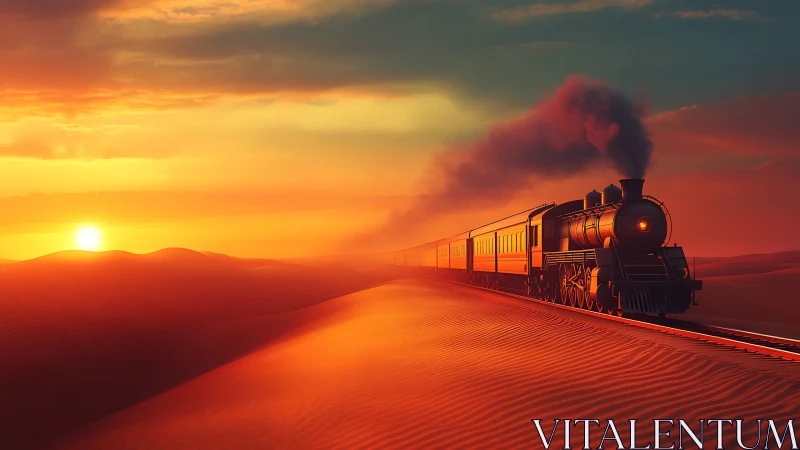 Steam train glows across desert dunes in a blazing sunset
