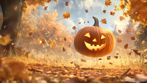 Glowing jack o lantern floats in radiant autumn forest path.