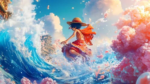 Dynamic anime surfer cutting stylized wave amid pastel clouds