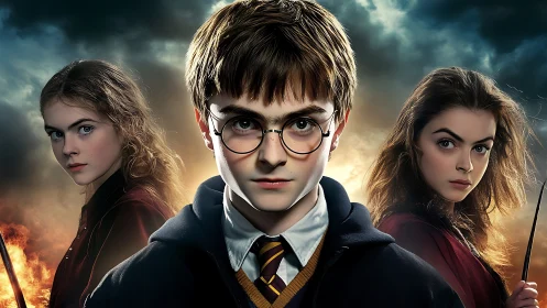 Three wand-holding teens in wizard robes stand against storm clouds