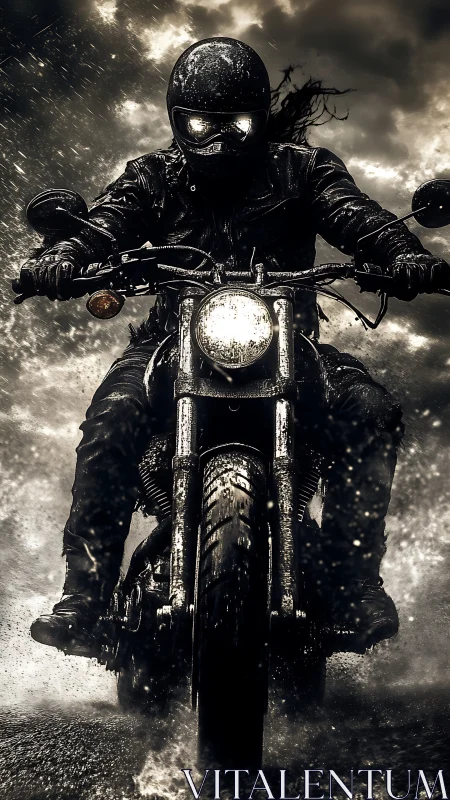 Motorcyclist riding through heavy rain on wet roadway.