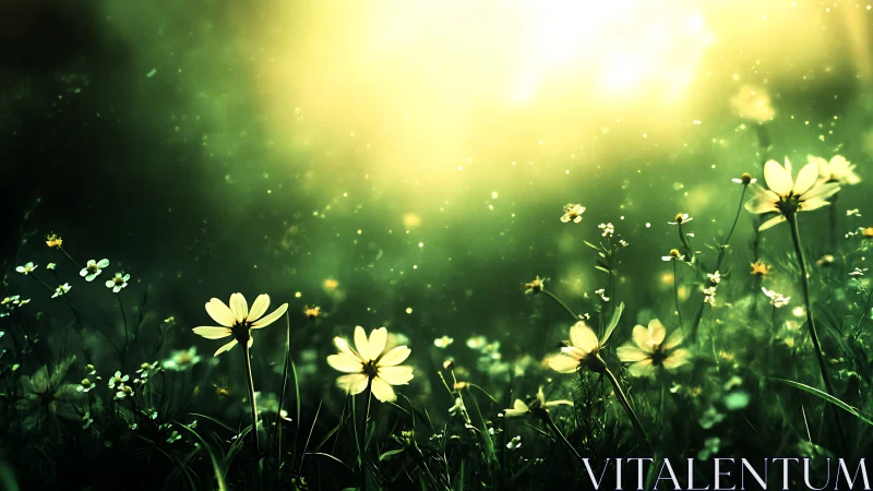 Luminous wildflower meadow under radiant golden backlight.