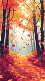 Autumn Forest Path: Chromatic Digital Landscape with Falling Leaves.