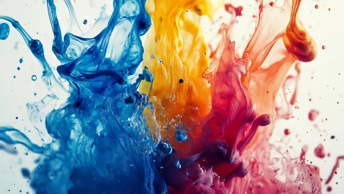 Chromatic splash ballet where blue, gold and crimson collide.