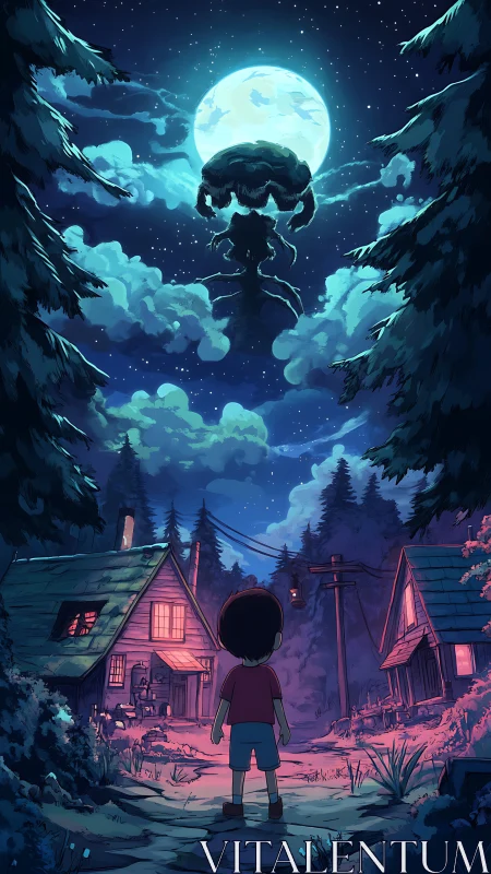 Moonlit child beneath towering cosmic explosion clouds.