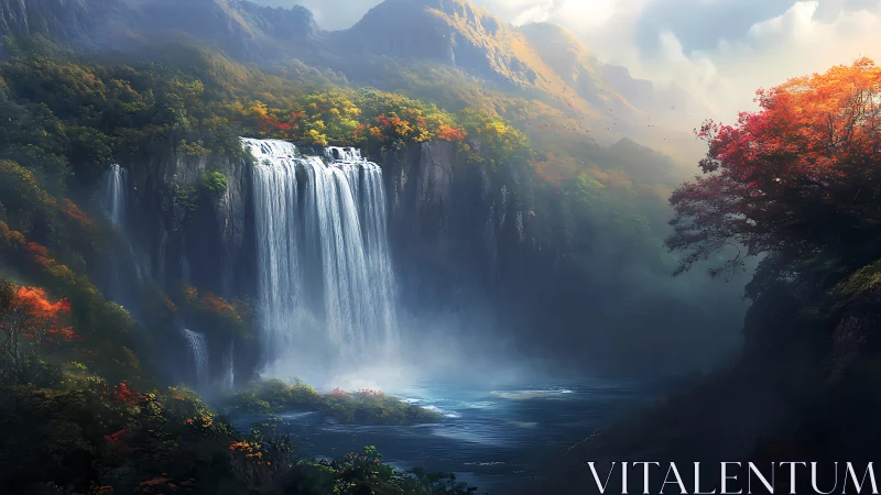 Mist-kissed mountain waterfall pours into a hidden forest lake