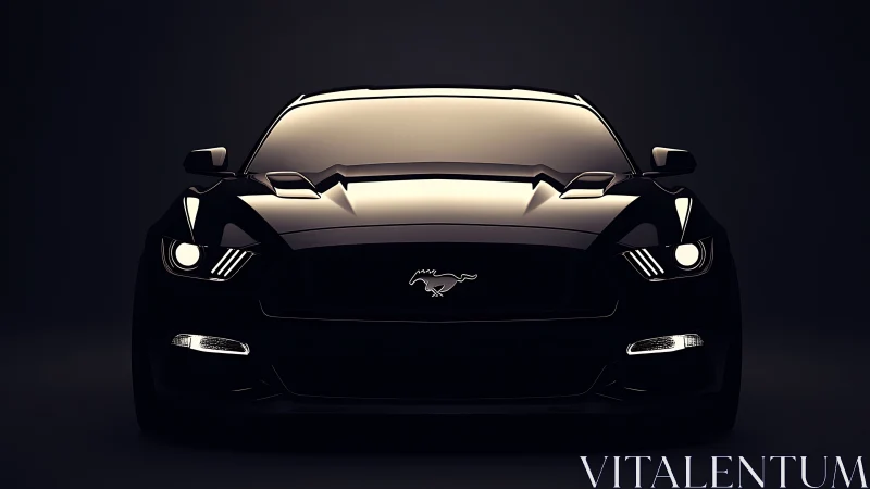 Midnight muscle car frontal silhouette in gloss black studio.