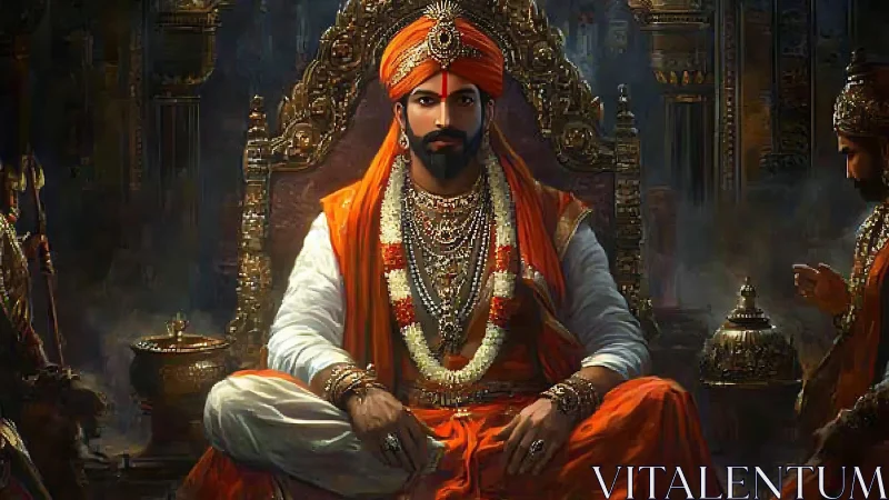 Royal warrior king in ornate orange robes on throne.
