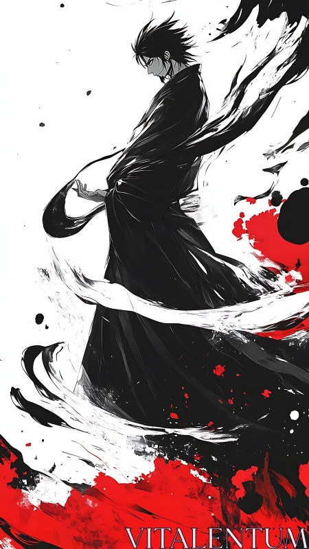 Dynamic ink-splatter samurai silhouette with high contrast motion