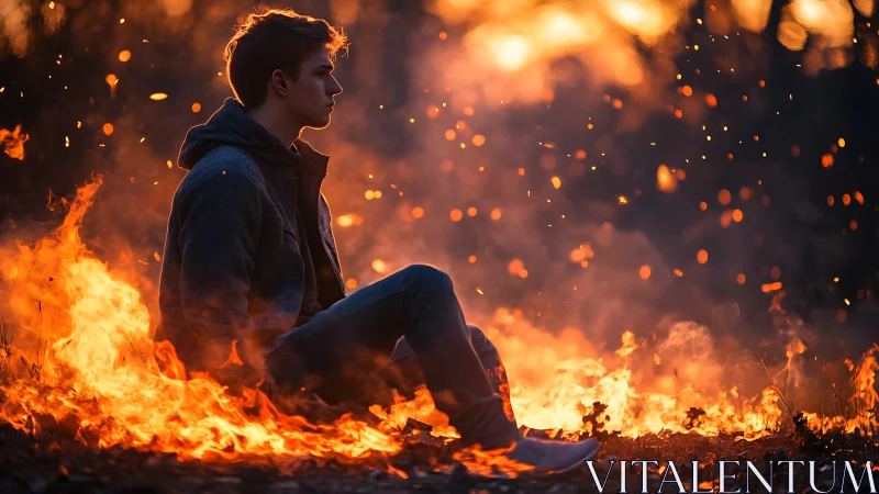 Youth Aflame: Contemplation Amid Inferno's Glow.