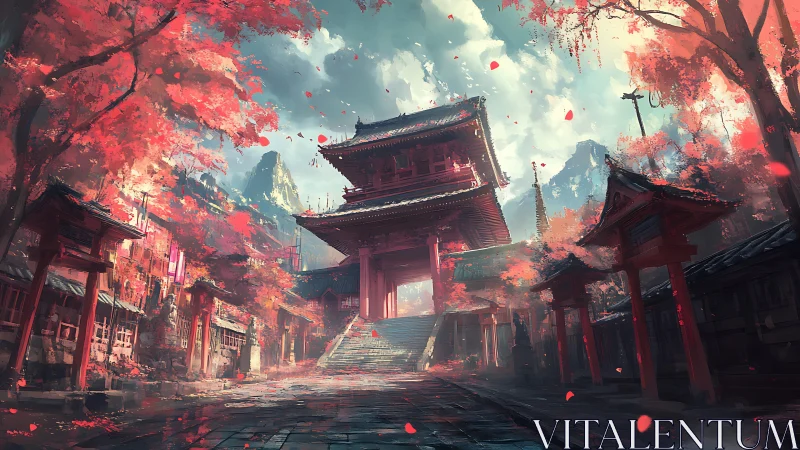 Crimson temple gateway breathing autumn mountain light.