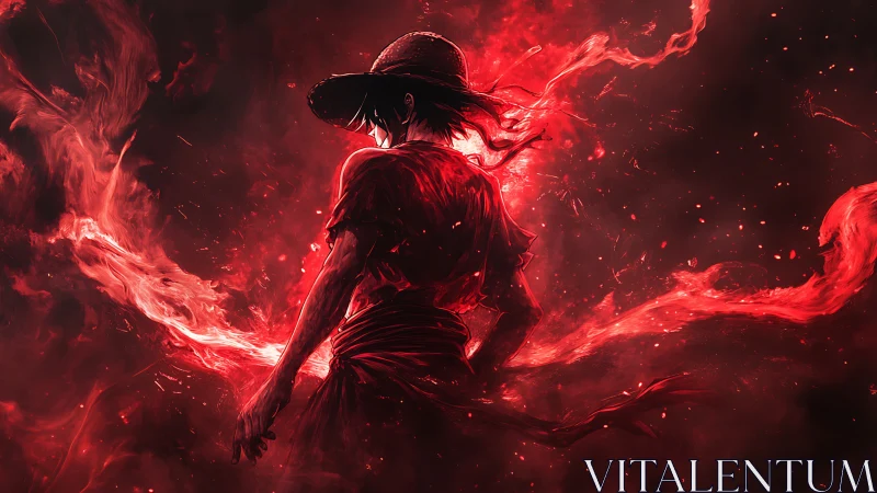 Blazing wanderer stands wrapped in swirling red embers