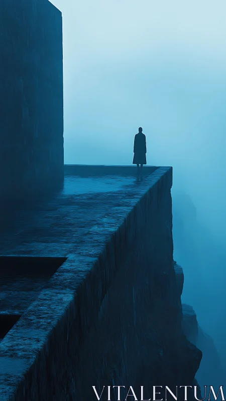 Solitary figure surveys fog-dense precipice on monolithic platform