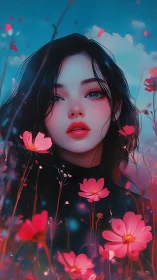 Digital portrait of young woman amid pink wildflowers.