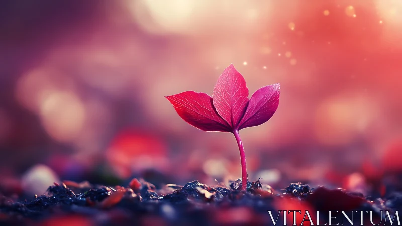 Red seedling with three leaves grows from soil in soft bokeh