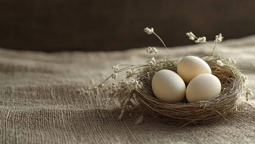 Three pale eggs rest in a straw nest on coarse burlap