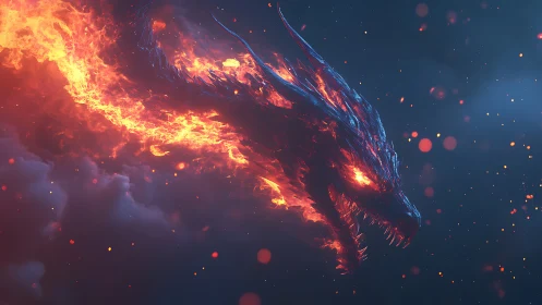 Volumetric fire dragon head with emissive lava scales in flight
