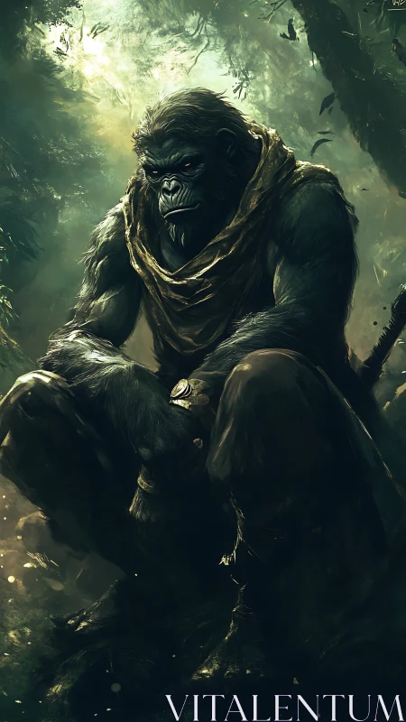 Brooding jungle warlord gorilla draped in tattered gold cloth.
