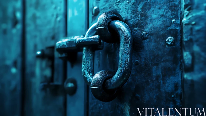 Macro close-up of weathered steel ring latch on blue door