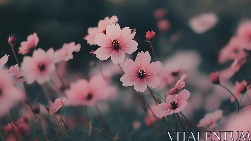 Pink cosmos flowers with dark teal bokeh background displaying soft depth.