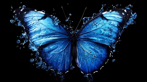 Electric blue butterfly exploding into liquid splash.