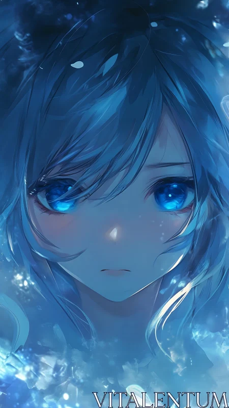 Glistening blue haired girl in luminous underwater light.