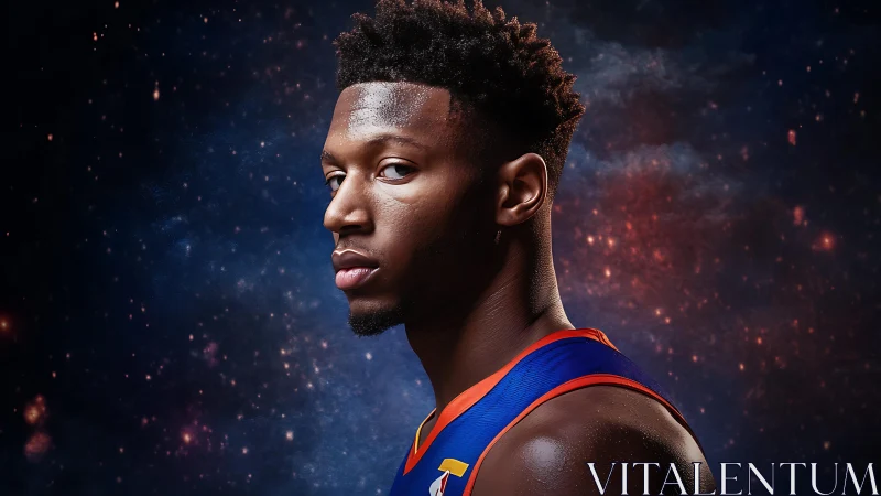 Basketball player portrait set against deep cosmic backdrop