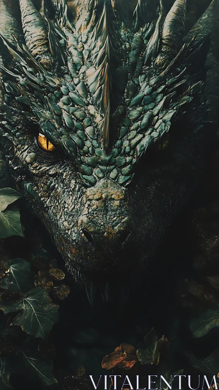 Emerald scaled dragon portrait under shadowed forest light.