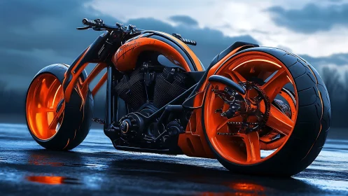 Neon storm chopper hums against a rain slick futuristic road