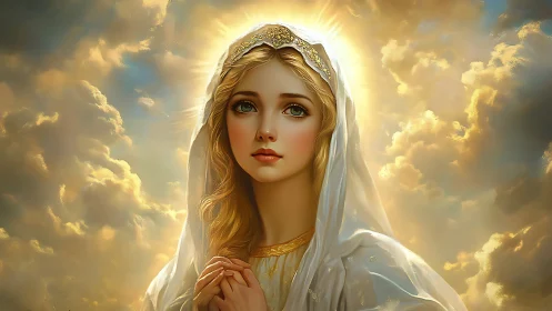 Golden clouds cradle a serene, halo-crowned maiden in prayer