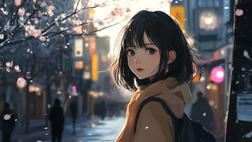 Young woman on city street under blooming tree at dusk.