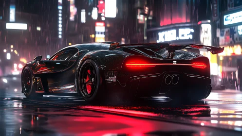 Midnight supercar gliding through neon soaked city rain.
