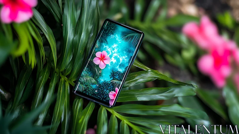 Smartphone Display Positioned Within Lush Tropical Flora and Pink Flowering Plants