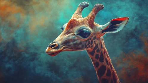 Digital giraffe portrait with diffuse teal orange background.