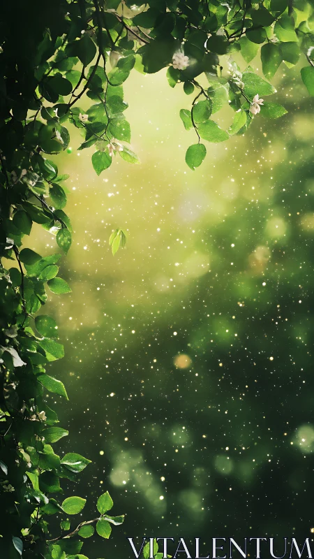 Luminous Foliage Dance: Where Green Whispers Meet Golden Bokeh.