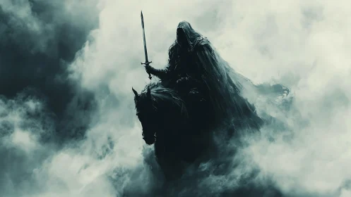 Dark cloaked rider on horseback emerging through dense fog.