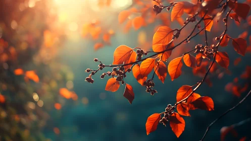 Vibrant autumn leaves on branch in soft golden morning light.